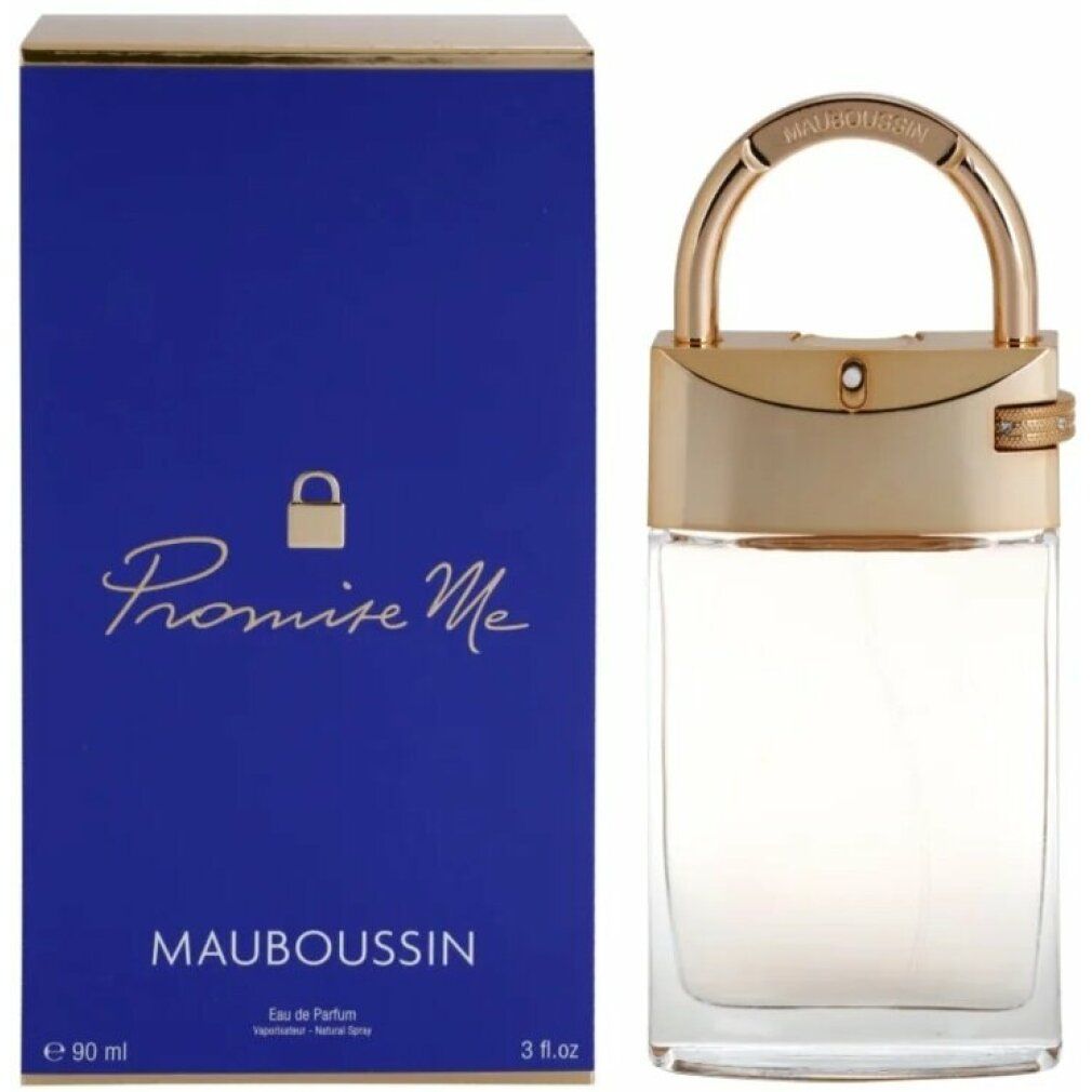 Flacone e confezione. Flacone con chiusura dorata. Scritta: Promise Me, Mauboussin. Confezione blu.