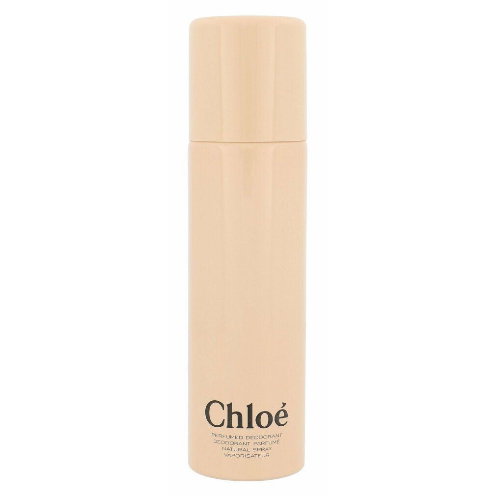 Spray deodorante rosa chiaro con logo Chloe nero. Il tappo è rosa chiaro e scanalato.