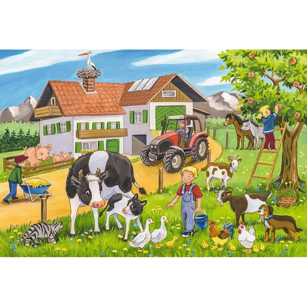 Motivo puzzle: fattoria con animali e persone. Trattore, mucche, maiali, capre, polli. Bambini che raccolgono mele. Sfondo: casa, albero, cielo.