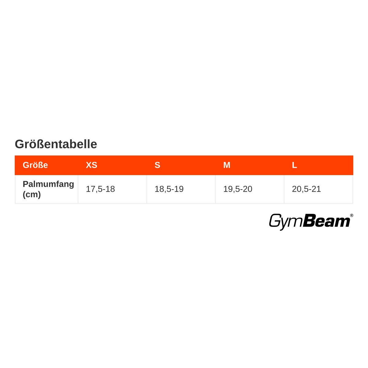 Tabella taglie per guanti da fitness GymBeam: XS (17,5-18cm) a L (20,5-21cm).