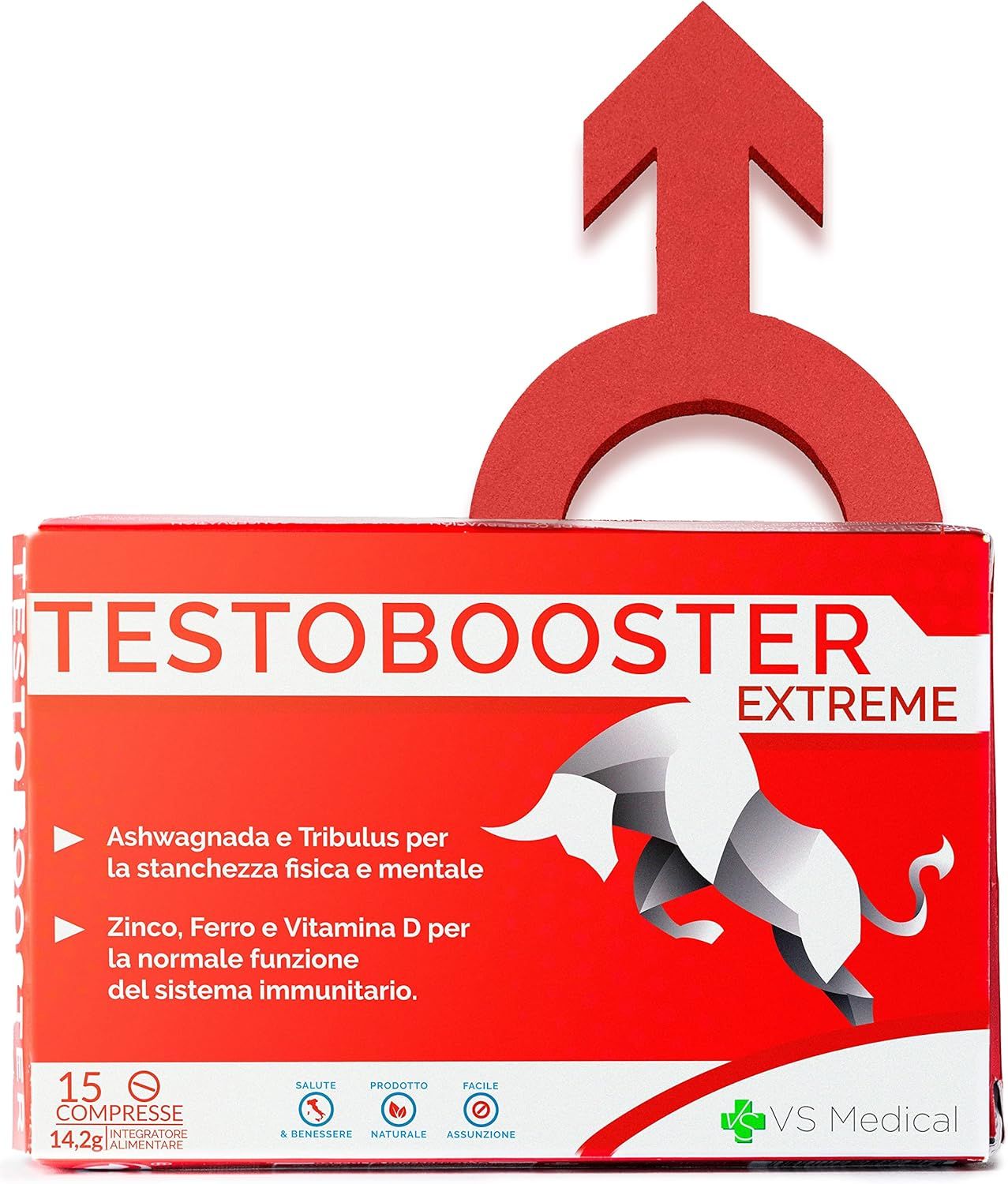 Confezione prodotto rossa con testo: Testobooster Extreme, 15 compresse. Simbolo maschile. Logo VS Medical.