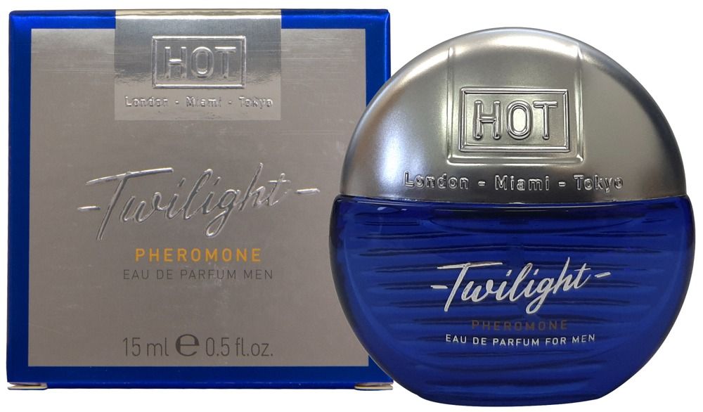 Flacone e confezione di Twilight Pheromone Parfum da uomo, 15ml.