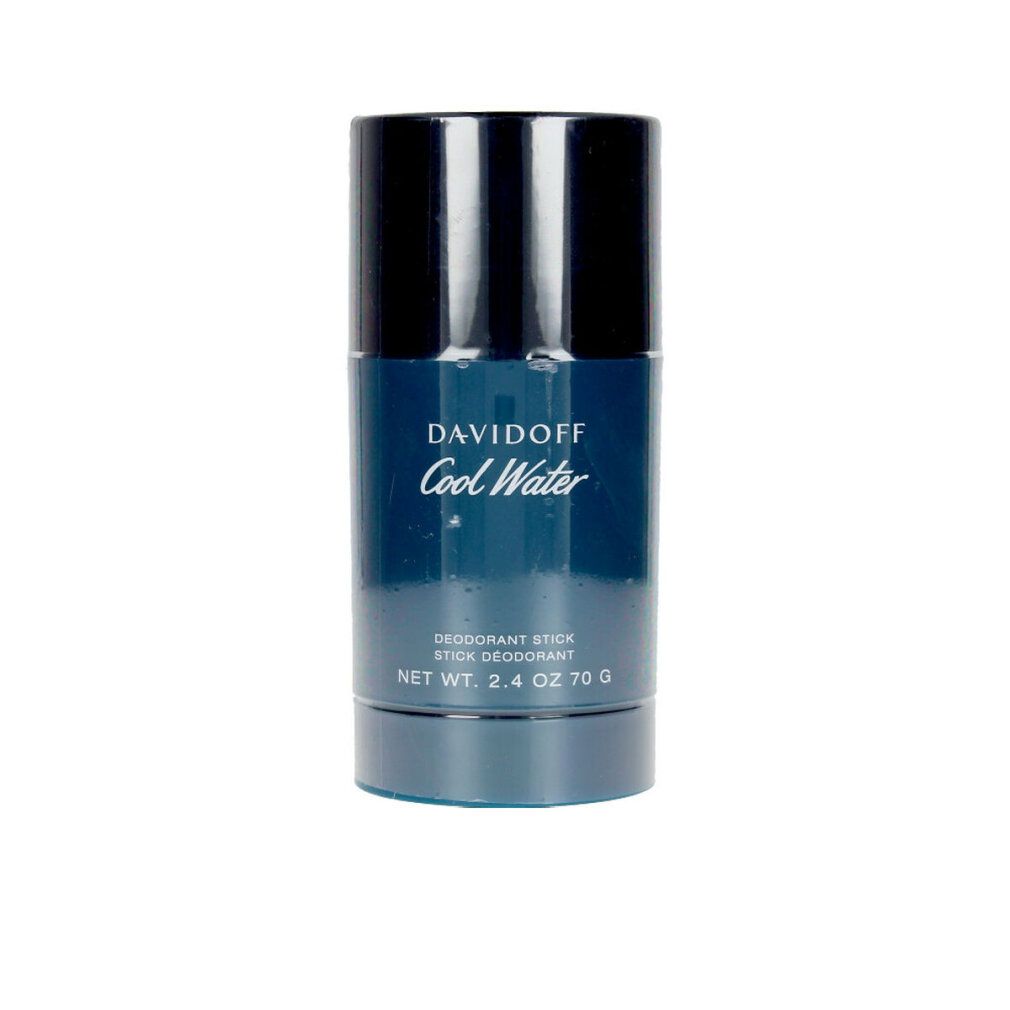 Davidoff Cool Water Deodorant stick. Confezione cilindrica, blu-nera. Nome e peso del prodotto visibili.