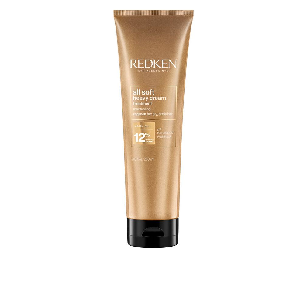 Tubo dorato con tappo nero. Scritta: Redken, All Soft Heavy Cream. 12% e formula pH bilanciata.