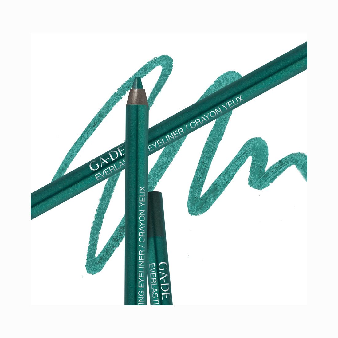 Due matite occhi verdi e un tratto. Scritta: GA-DE Everlasting Eyeliner / Crayon Yeux.