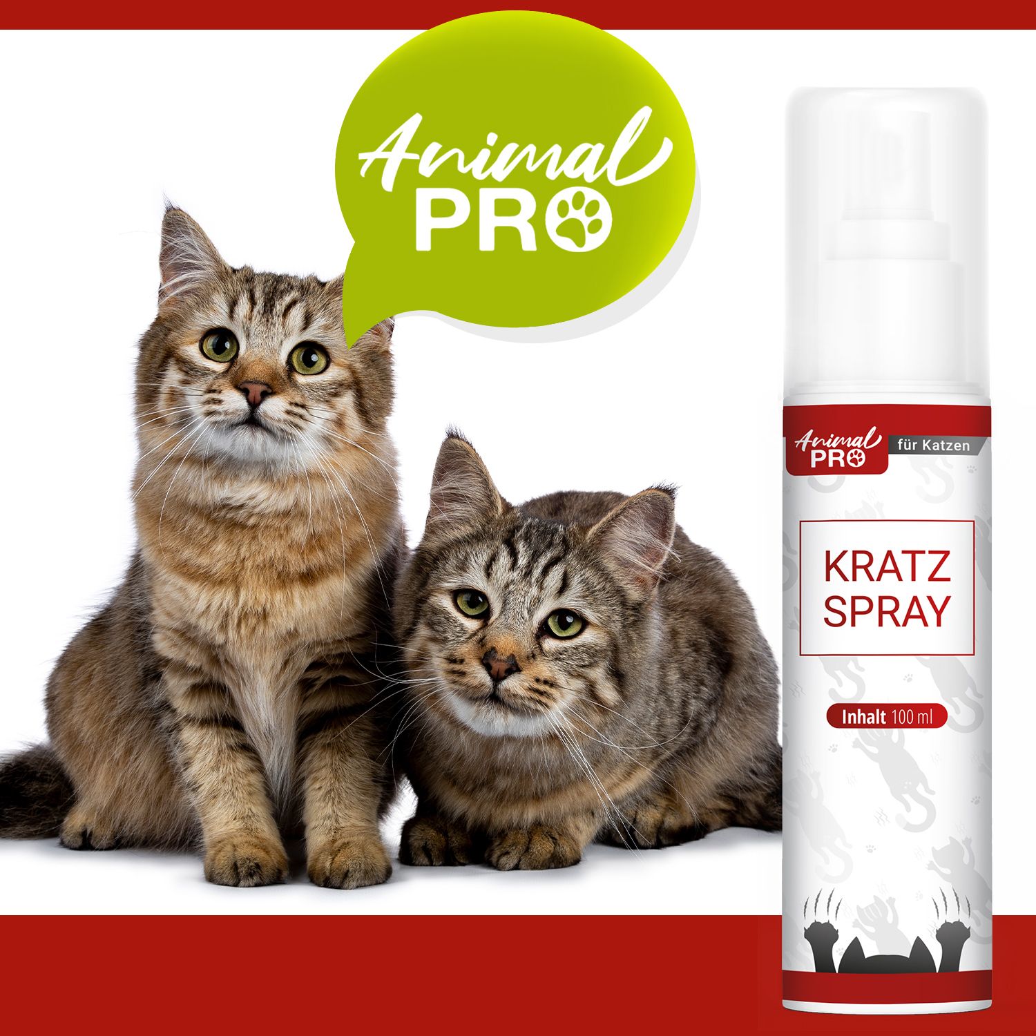 Flacone spray con etichetta rossa. Testo: Animal Pro, Kratz Spray. Due gatti. Scritta: Contenuto 100 ml.