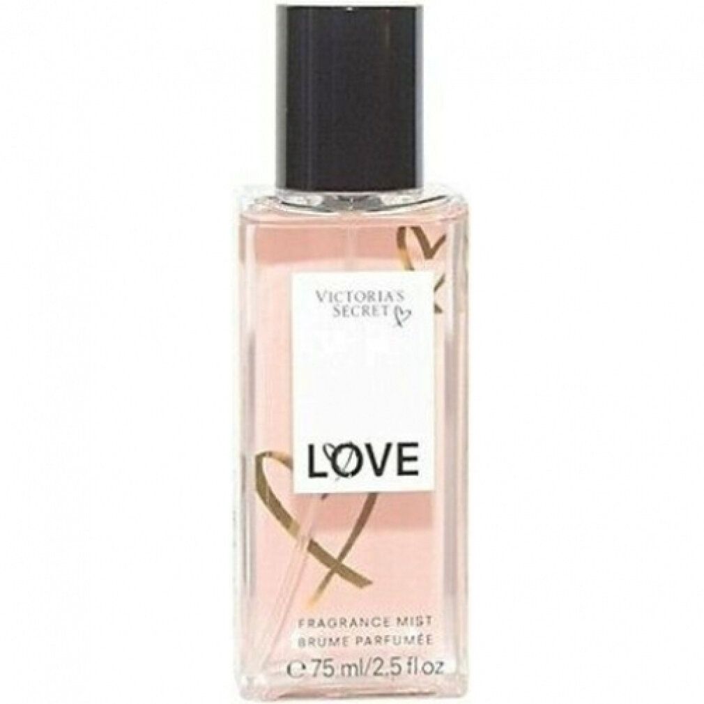 Flacone rettangolare con tappo nero. Scritta "Victoria's Secret LOVE". Grafica a cuore dorata. "Fragrance Mist" e indicazione volume.
