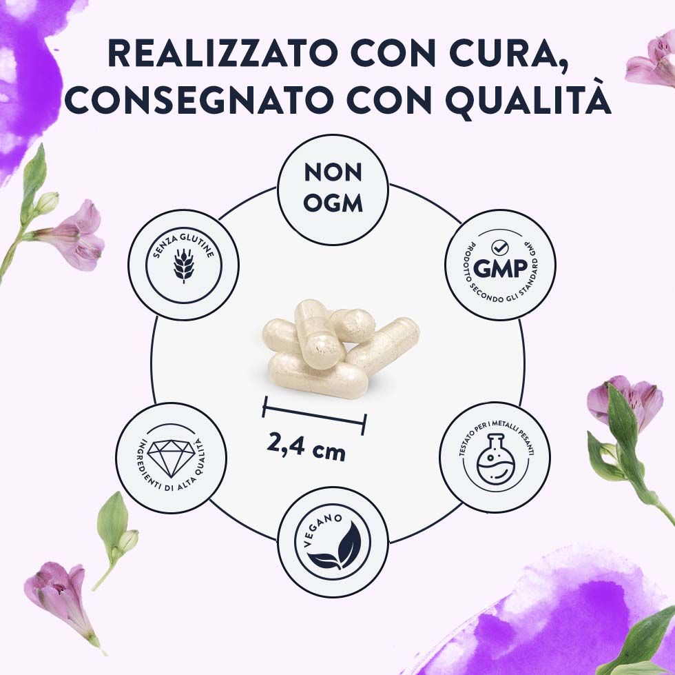 Primo piano delle capsule. Lunghezza 2,4 cm. Vegano, senza glutine, senza OGM, certificato GMP.