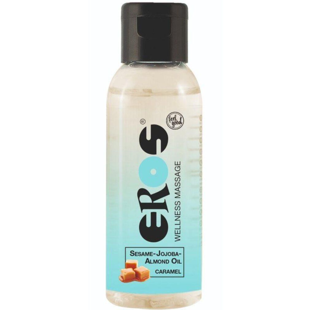 Flacone di olio da massaggio EROS Caramello con tappo nero. Contiene olio di sesamo, jojoba e mandorle.