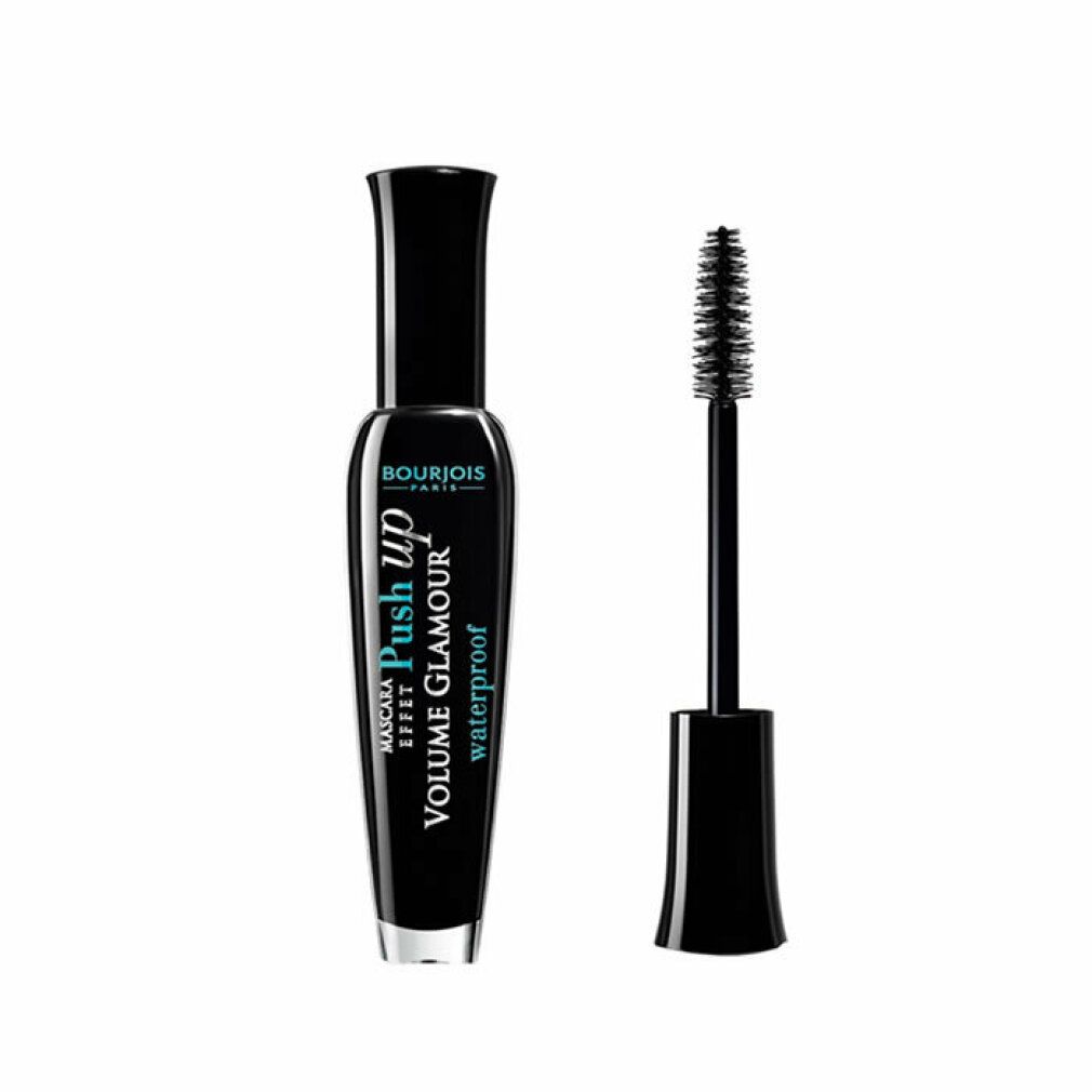 Tubo e spazzola per mascara neri. Scritta Bourjois Push up Volume Glamour Waterproof.