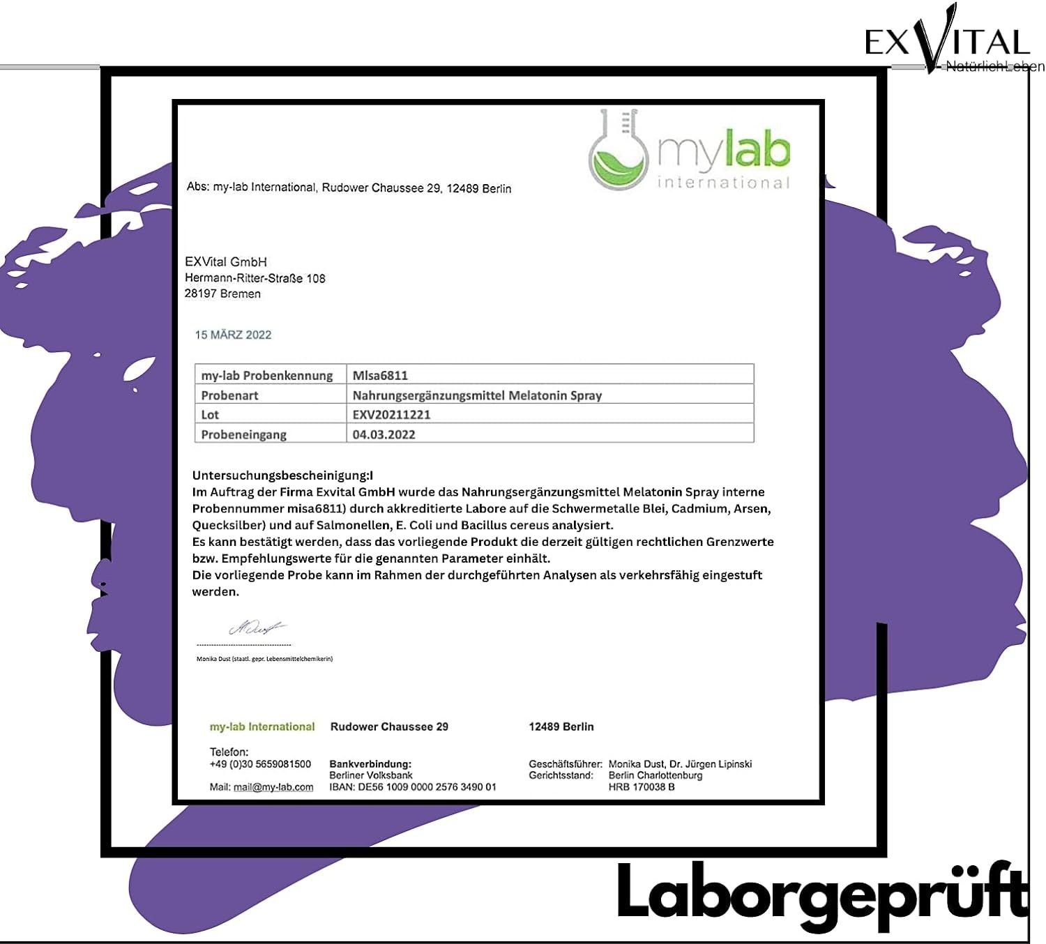 Rapporto di laboratorio di mylab international. Conferma dell'analisi di metalli pesanti, E. coli e Bacillus cereus. Prodotto: Integratore alimentare spray alla melatonina.