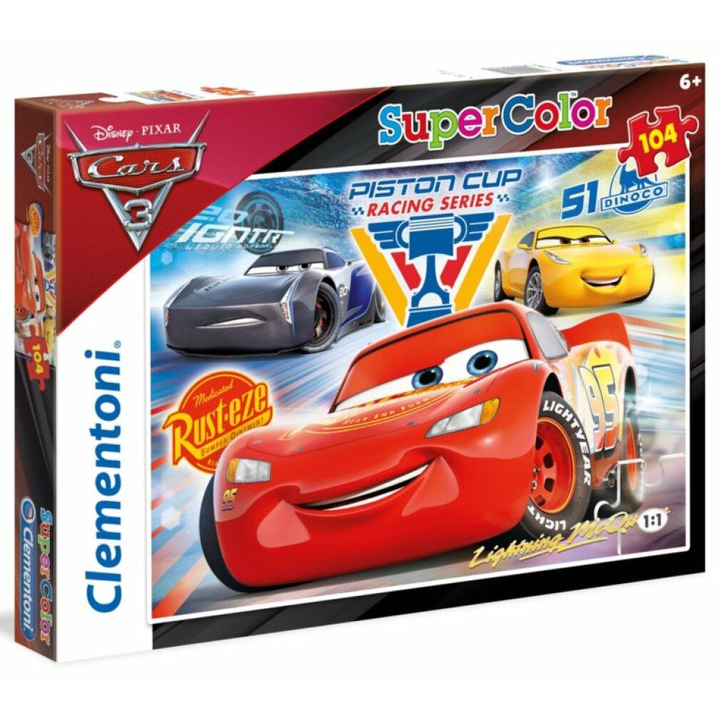 Puzzle Cars 3, 104 pezzi. Confezione con Lightning McQueen e altre auto da corsa. Logo Clementoni.