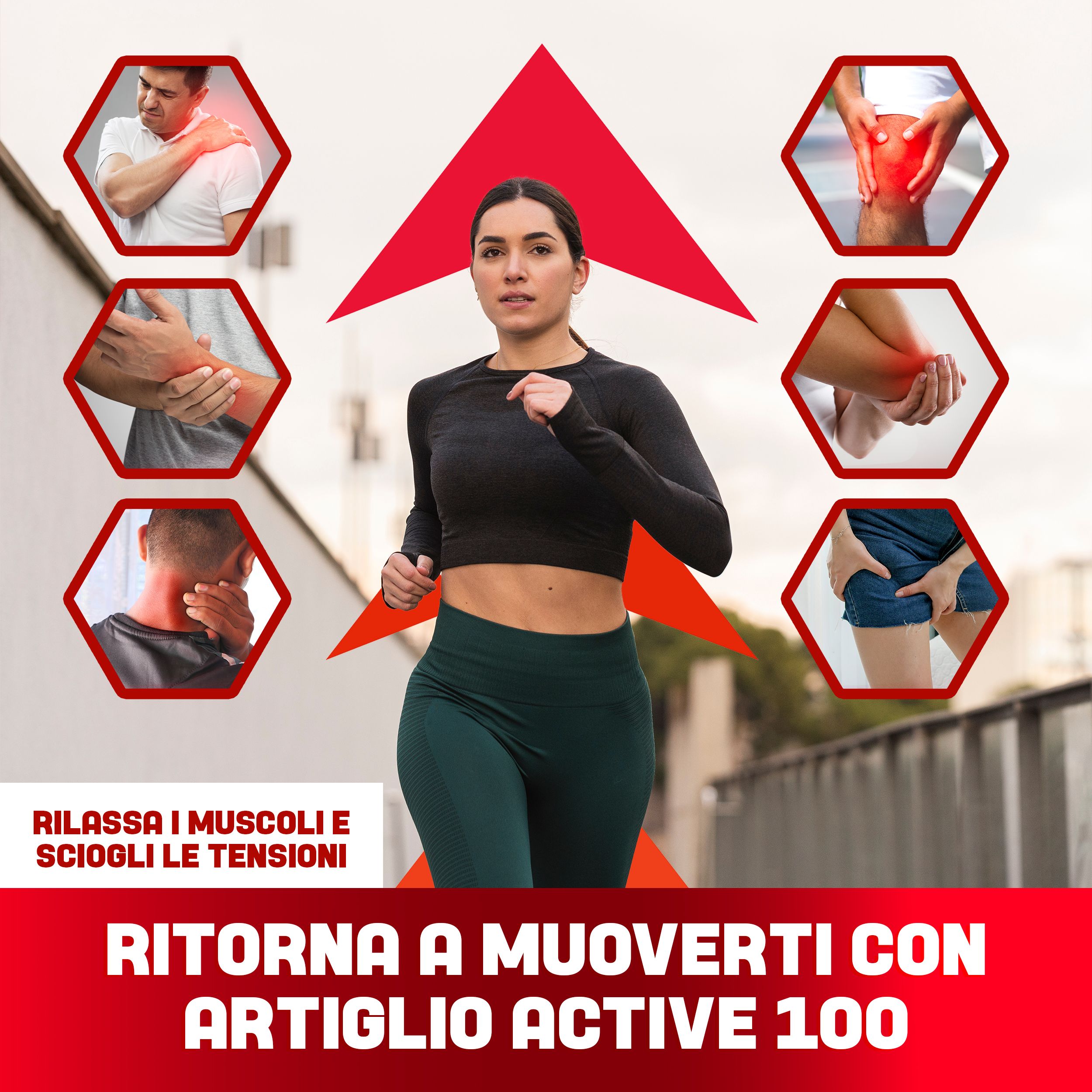 Donna che corre. Grafica freccia rossa. Testo: Artiglio ACTIVE 100. Sei grafici esagonali mostrano aree del corpo.