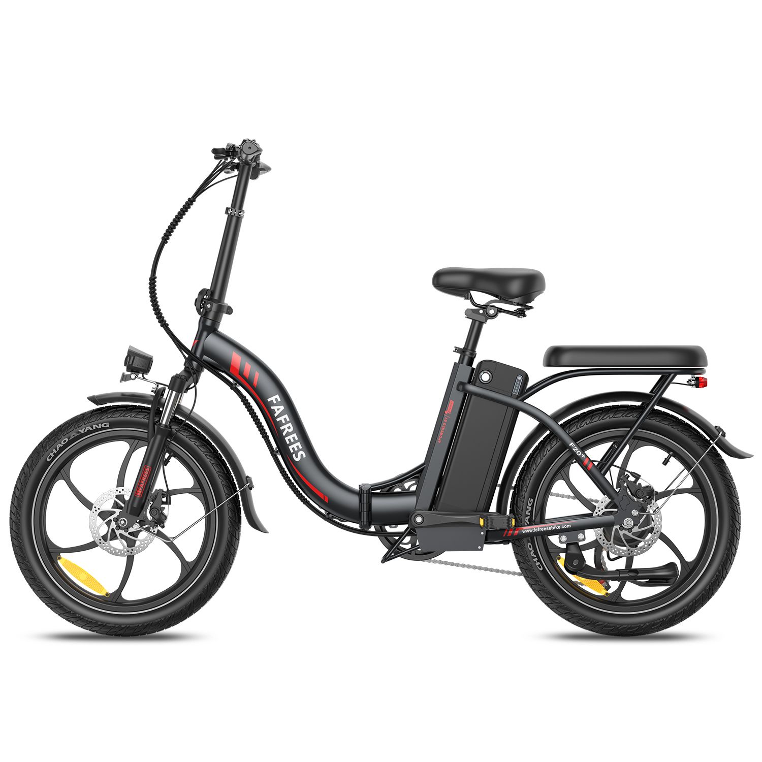 E-bike pieghevole Fafrees F20+ nera. Visibili: sella, portapacchi, batteria, parafanghi, cerchi con linea rossa.