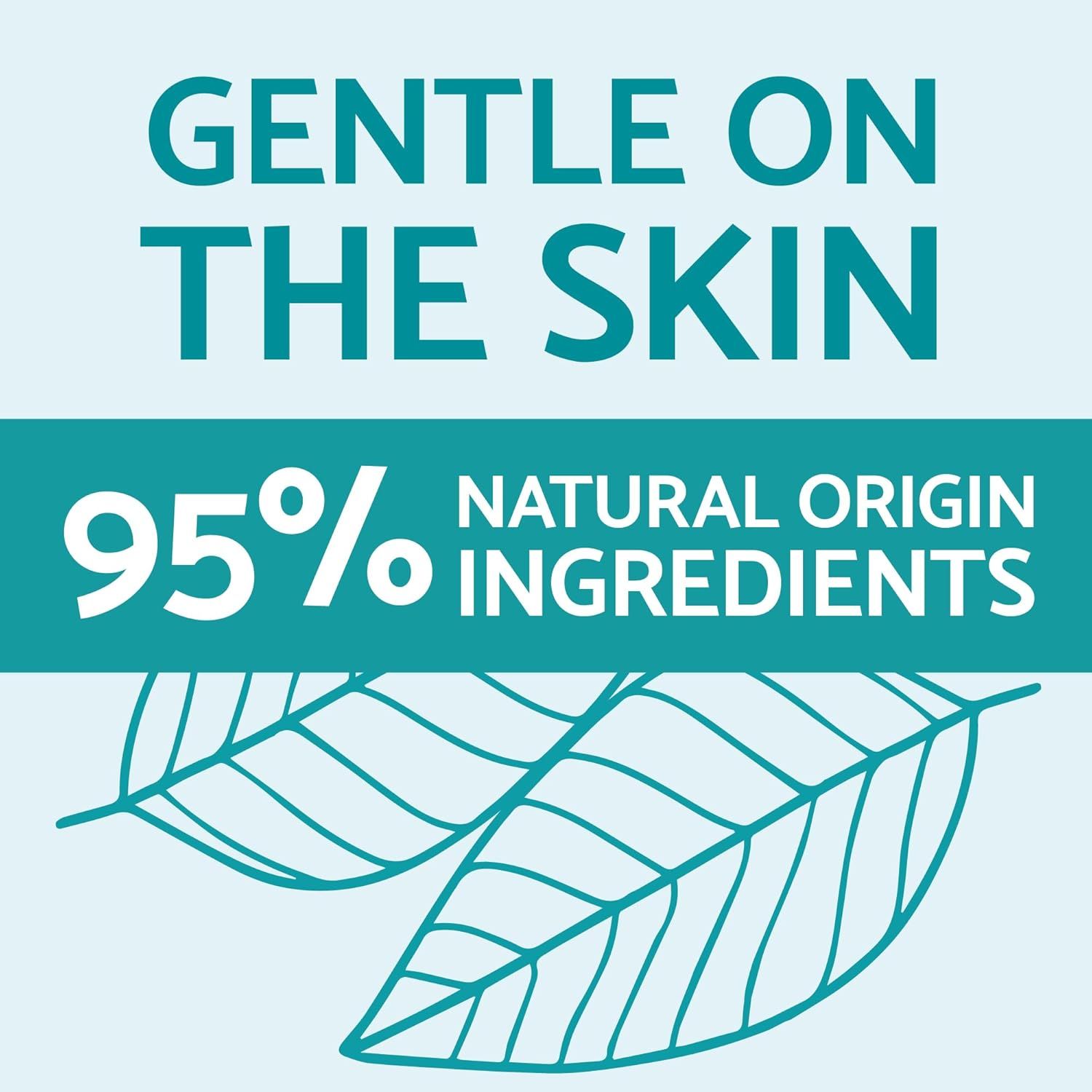 Testo: Delicato sulla pelle, 95% di ingredienti naturali. Due foglie verdi come illustrazione.