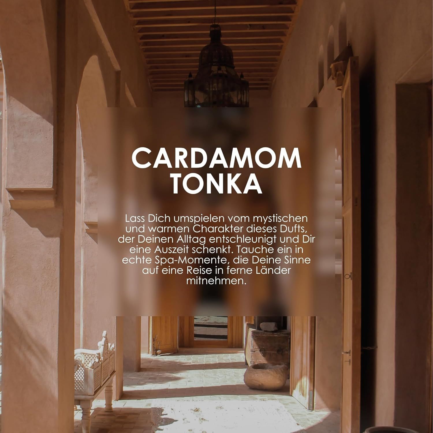 Corridoio con testo: "CARDAMOM TONKA". Il testo descrive la fragranza e i suoi effetti. Momenti spa in viaggio.
