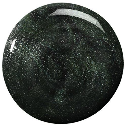 Primo piano di Smalto in gel Layla Cosmetics, tonalità Greenwood. Smalto verde scuro con glitter.