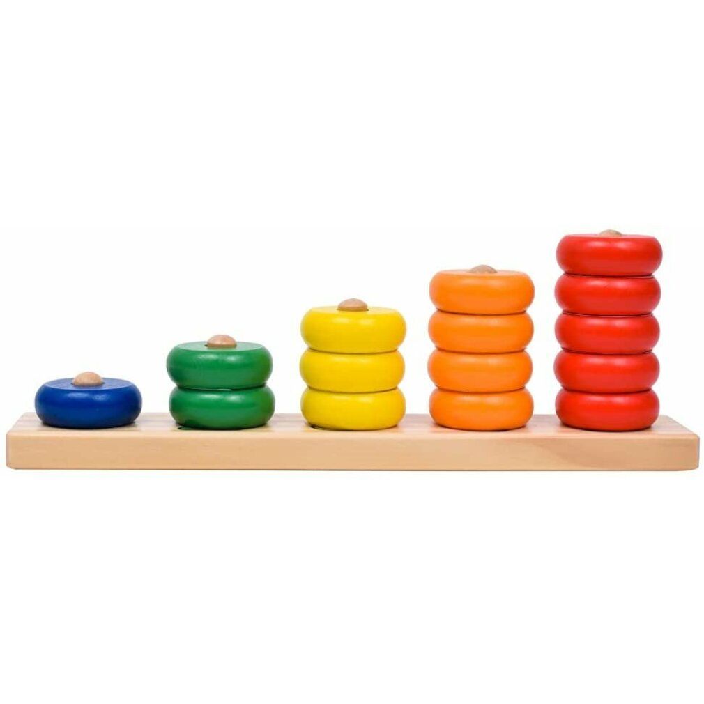 Puzzle in legno con anelli colorati su tavola. Anelli: blu, verde, giallo, arancione, rosso. Nessun numero.