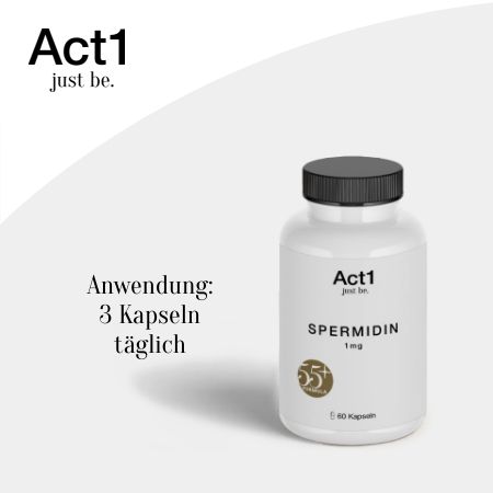Flacone bianco, tappo nero, Spermidin 1mg, Act1 just be. Scritta: 55+ FORMULA, 60 capsule. Uso: 3 capsule al giorno.