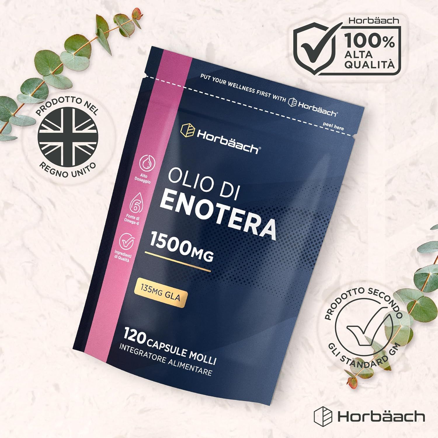 Confezione Horbaach Olio di Enotera, 1500mg, 120 capsule. Testo: 135mg GLA. Prodotto nel Regno Unito.