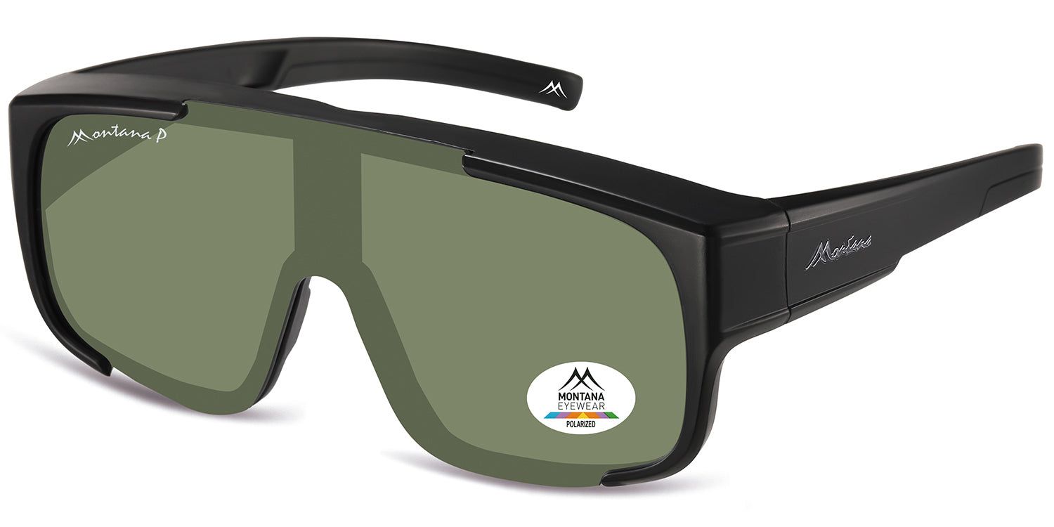 Occhiali da sole neri con lenti verdi. Logo Montana Eyewear ed etichetta Polarized. Vista laterale.