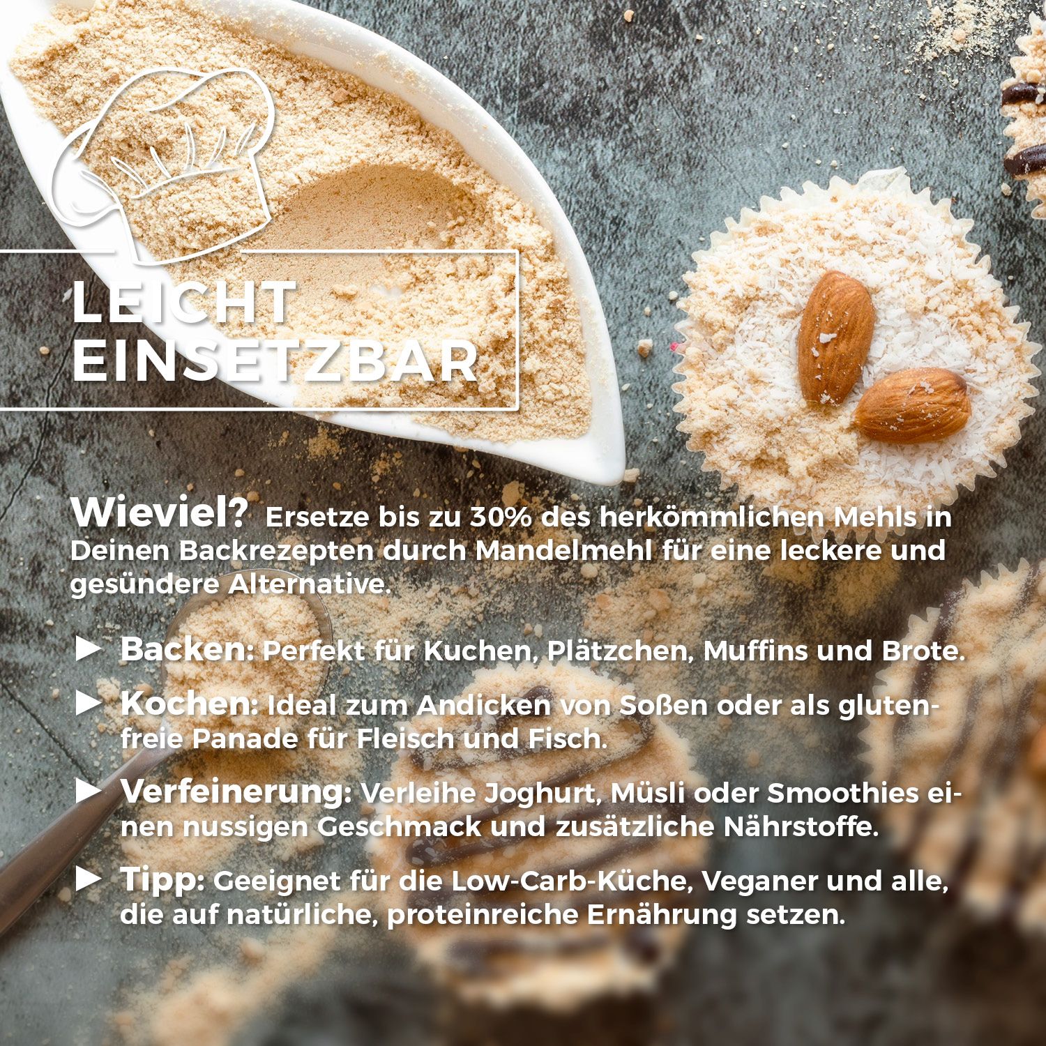 Primo piano di farina di mandorle e cupcake. Testo: Facile da usare. Suggerimenti per l'uso. Farina di mandorle in una ciotola e sui cupcake.