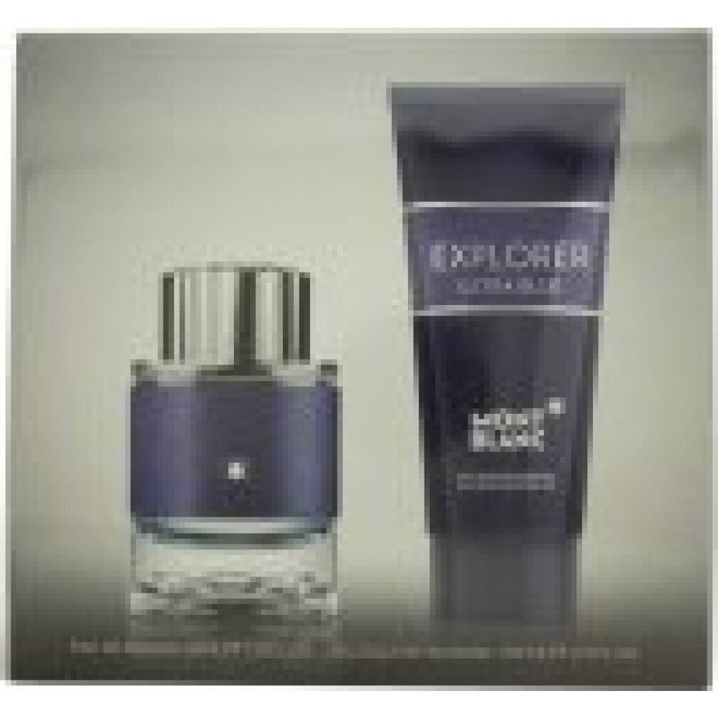 Set regalo con flacone e gel doccia. Flacone con tappo argentato e rivestimento blu. Gel doccia in tubo blu. Testo: Explorer Ultra Blue, Mont Blanc.