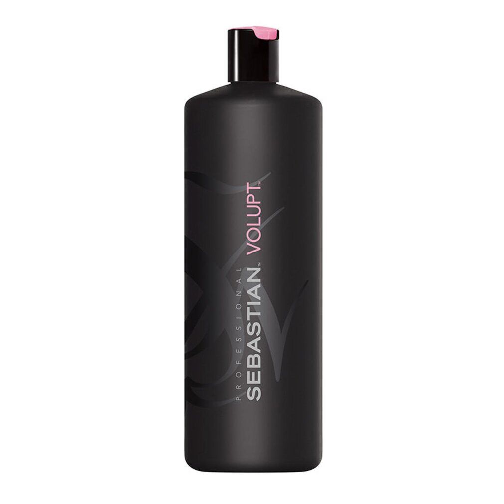 Flacone di shampoo nero con tappo rosa. Scritta: Sebastian Professional Volupt.