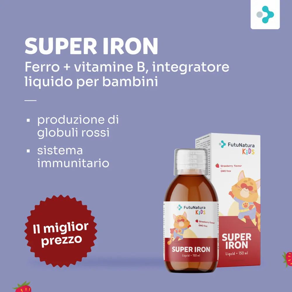 Flacone e confezione di FutuNatura Super Iron. Integratore liquido per bambini. Produce globuli rossi.