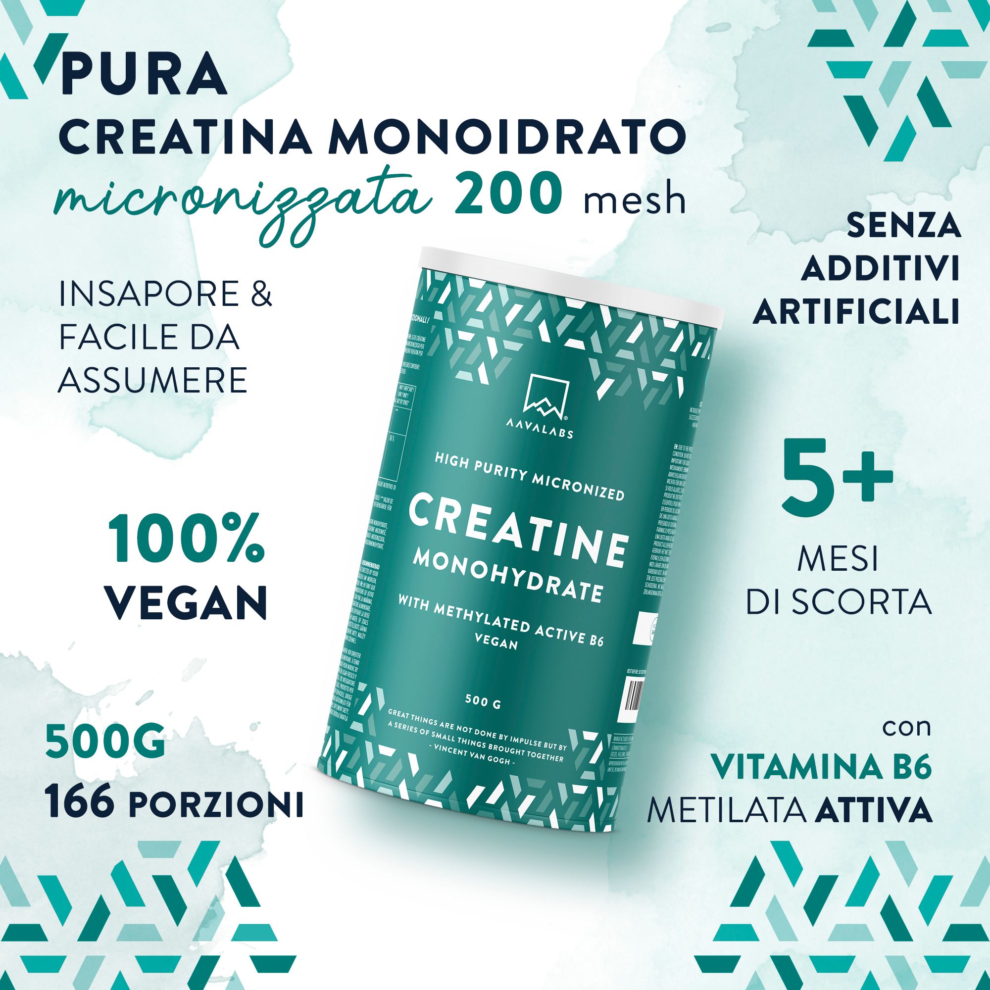 Immagine pubblicitaria. Barattolo di creatina monoidrato, vegano. Testo: 500g, 166 porzioni. Con vitamina B6.