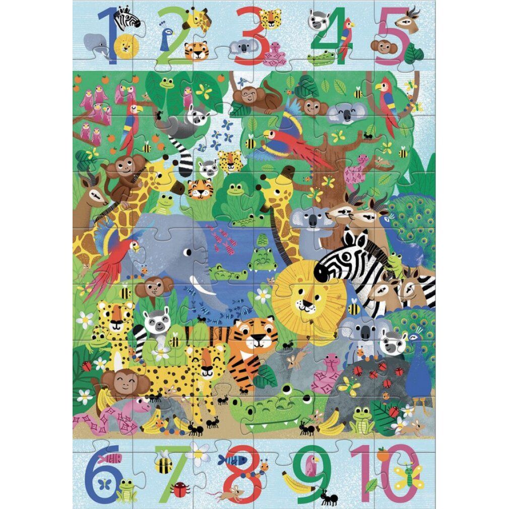 Puzzle giungla da 54 pezzi. Animali e numeri da 1 a 10. Illustrazione colorata con animali e numeri.