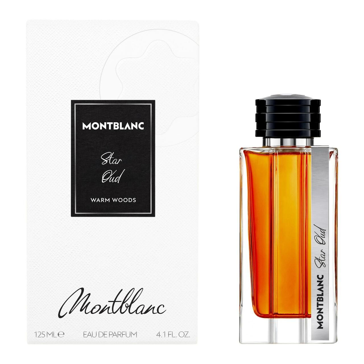 Flacone di profumo Montblanc Star Oud e confezione. Bottiglia rettangolare in vetro con tappo nero. Confezione bianca con logo e nome del prodotto.