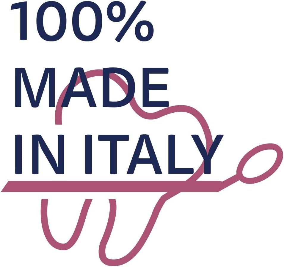 Testo: 100% MADE IN ITALY. Logo con dente e linea curva.
