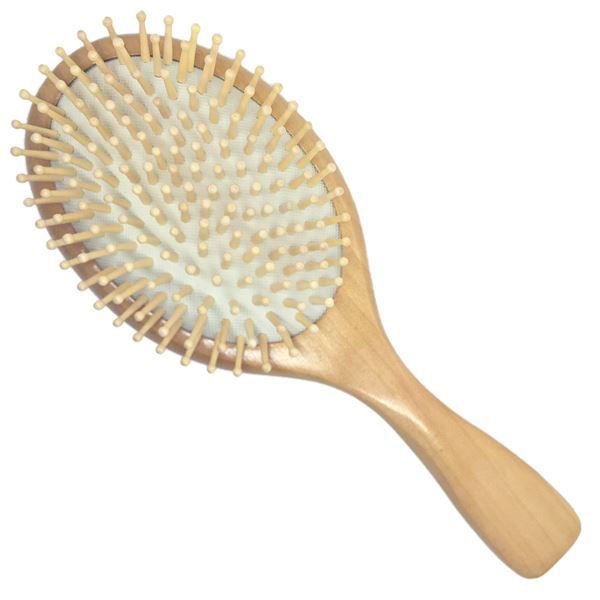 Spazzola ovale in legno con molti denti in legno. Manico ergonomico in legno.