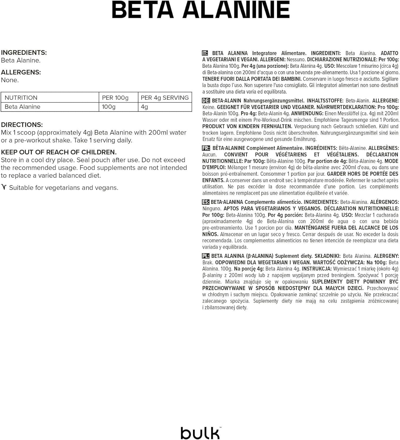 Testo su sfondo bianco. Contiene informazioni su ingredienti, allergeni, valori nutrizionali e uso della Beta Alanina.