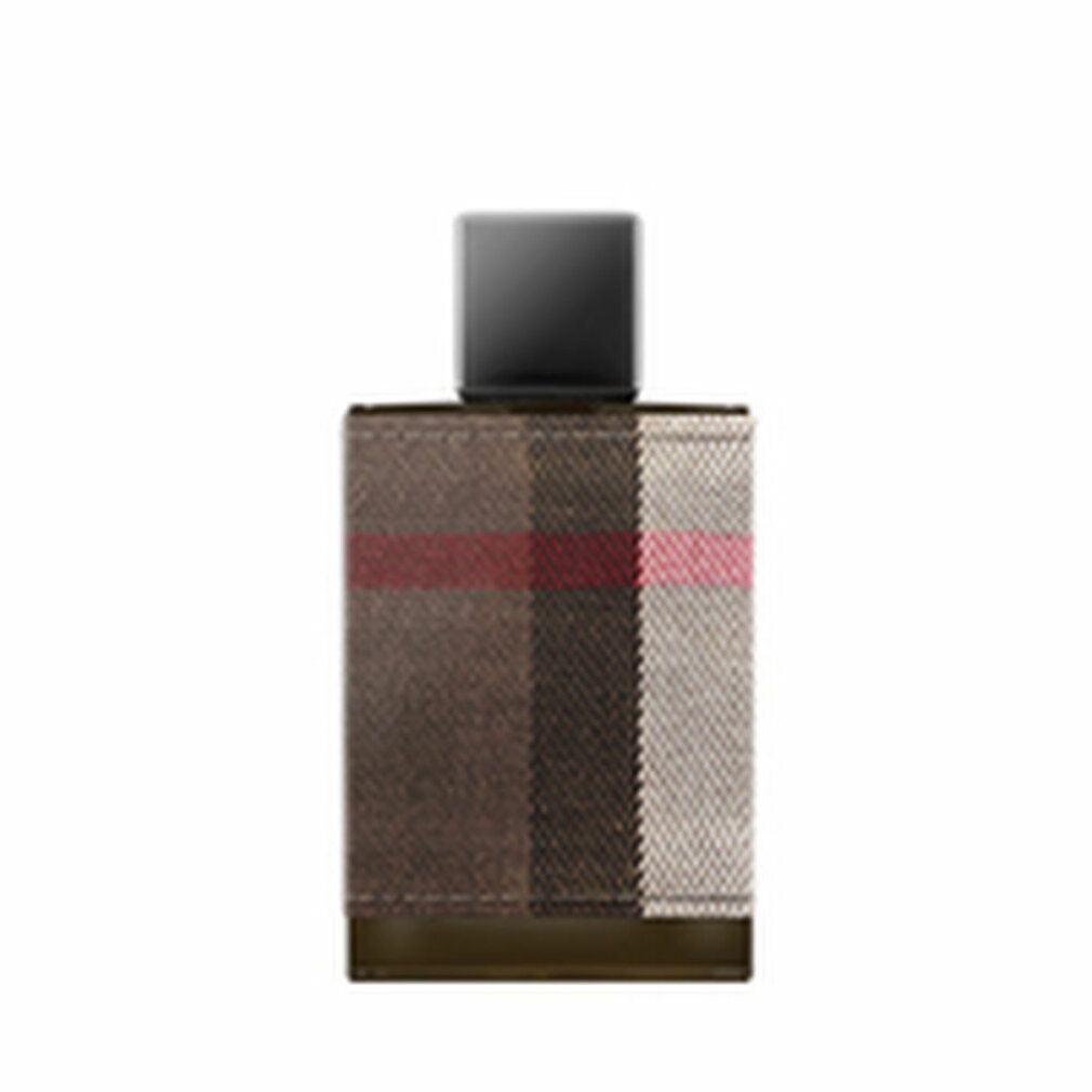 Burberry London Men Eau de Toilette Spray. Flacone rettangolare con tessuto a quadri. Tappo nero.