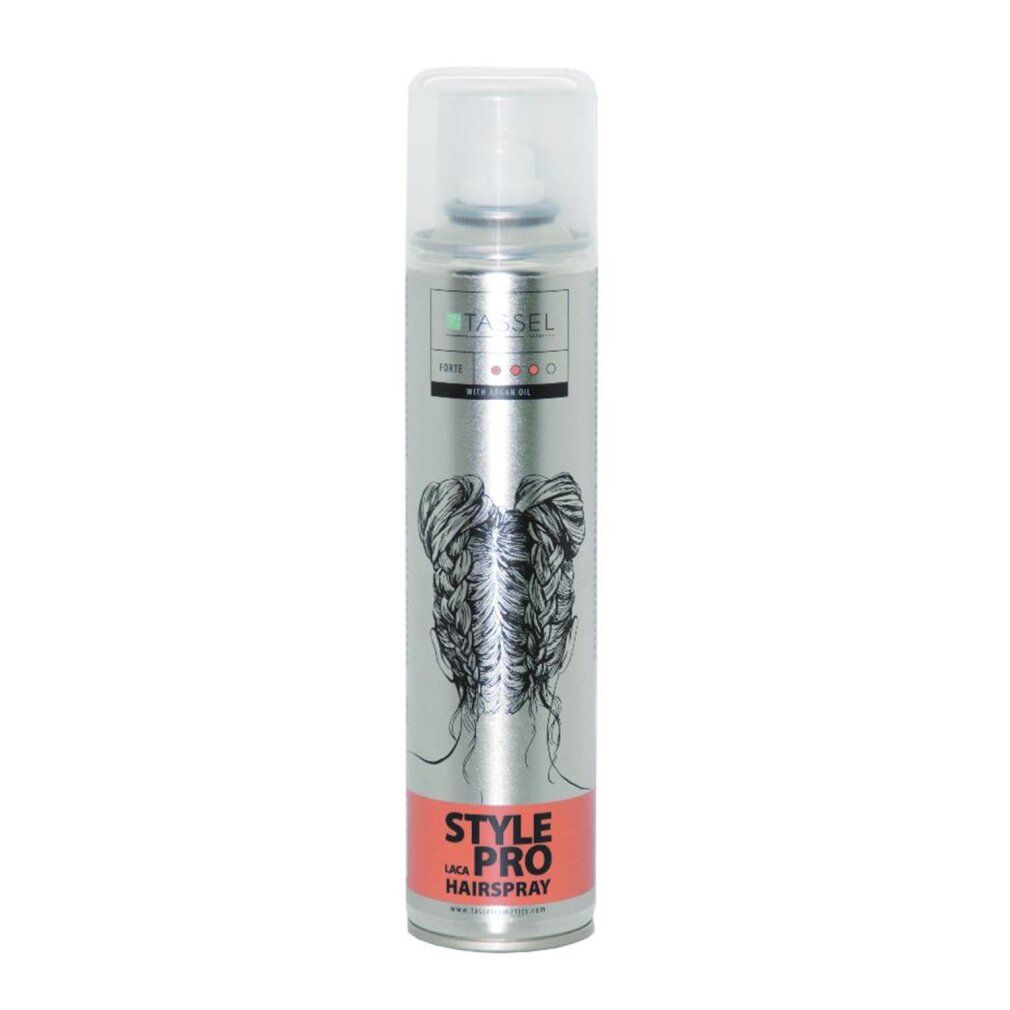 Bomboletta spray per capelli con erogatore. Barattolo argentato con design a treccia nera e fascia rossa con testo.