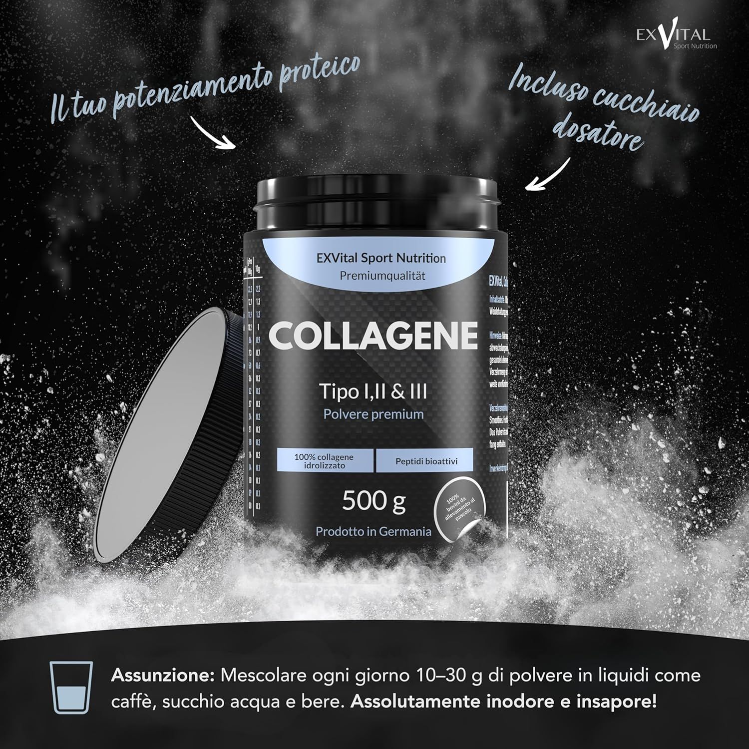 Barattolo nero Collagene, tipo I, II & III, 500g. Cucchiaio dosatore incluso. Da mescolare nei liquidi. Inodore e insapore.