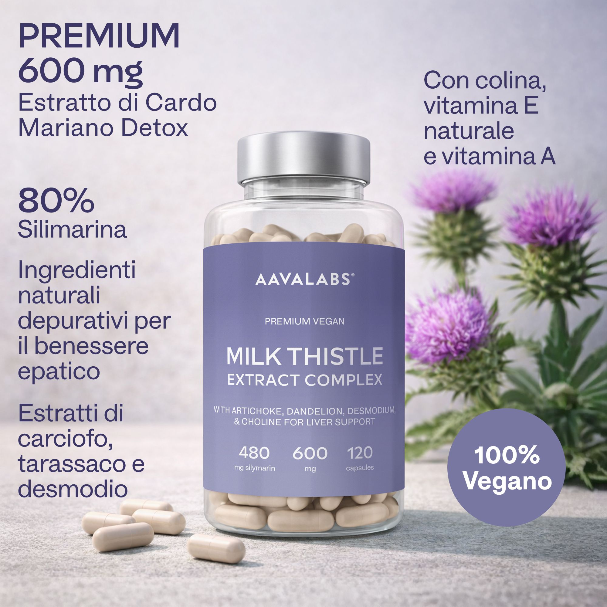 Bottiglia di complesso di estratto di cardo mariano, 600 mg, 80% silimarina, vegano.