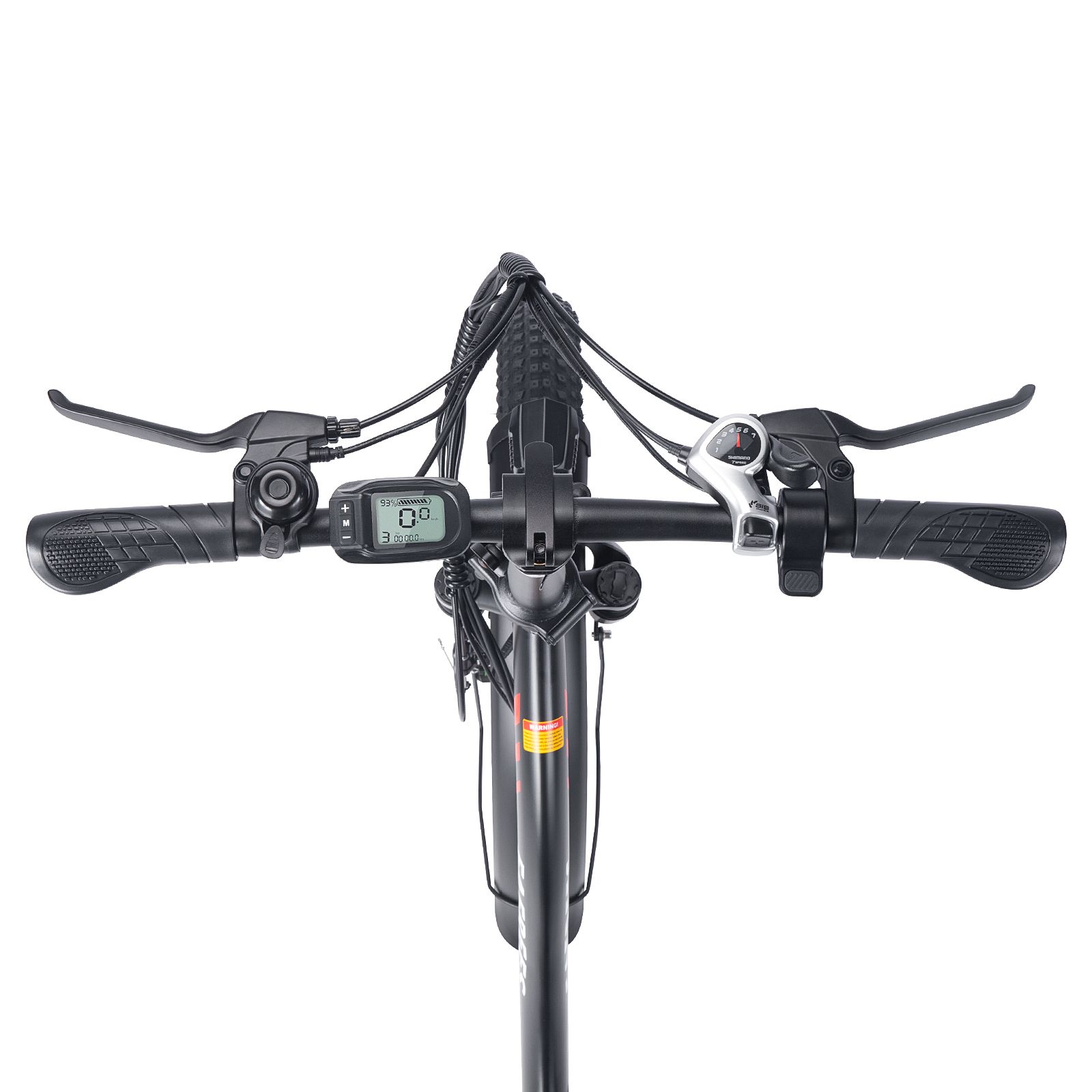 Manubrio di una e-bike FAFREES F20. Display, leve freno e interruttori. Colore nero.