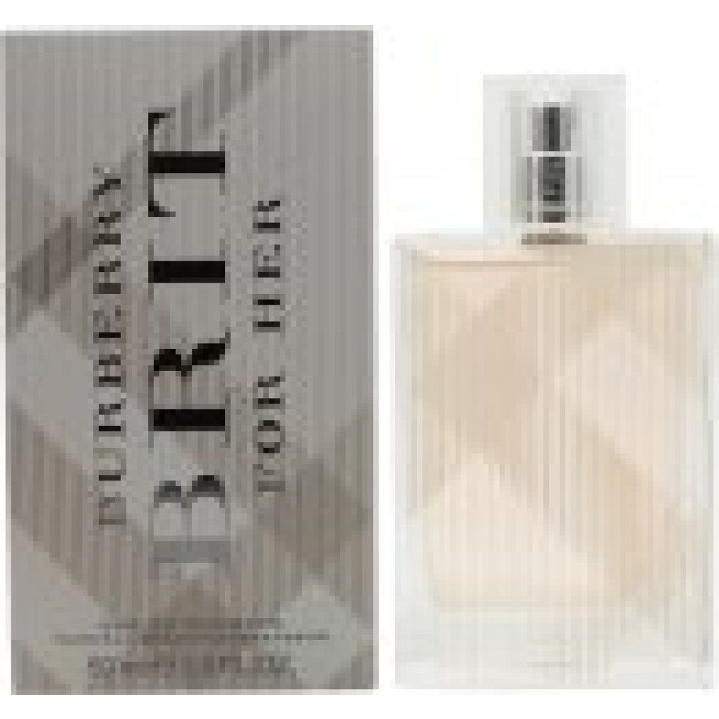 Flacone di profumo e scatola. Scritta: Burberry Brit for Her. Eau de Toilette. 50ml. Confezione grigio chiaro con motivo a quadri.