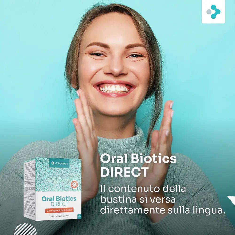 Donna sorridente. Scatola FutuNatura Oral Biotics DIRECT. Testo: Il contenuto della bustina si versa direttamente sulla lingua.