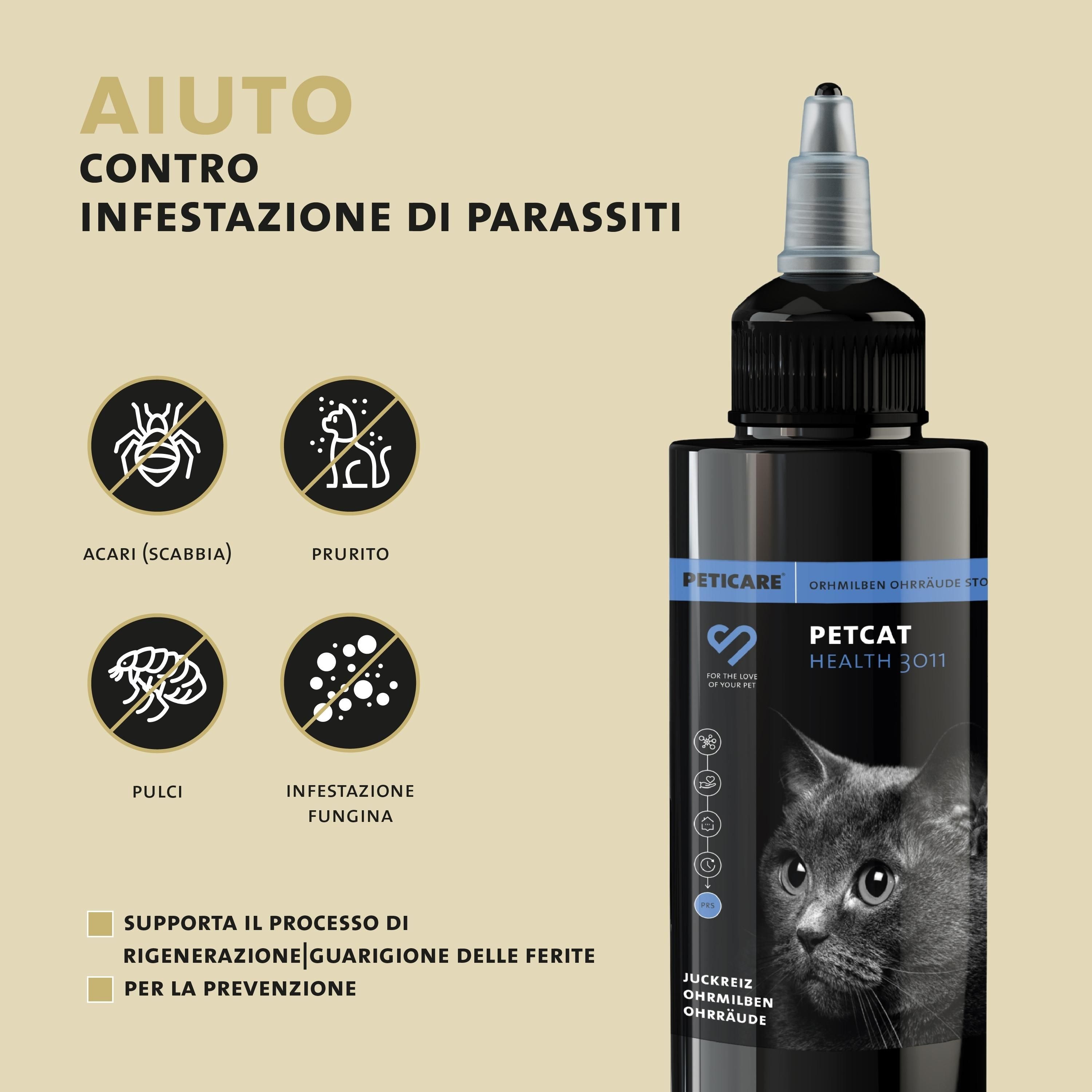 Flacone con testo: Peticare Health 3011. Contro l'infestazione da parassiti. Contro acari, prurito, pulci, infezione fungina.