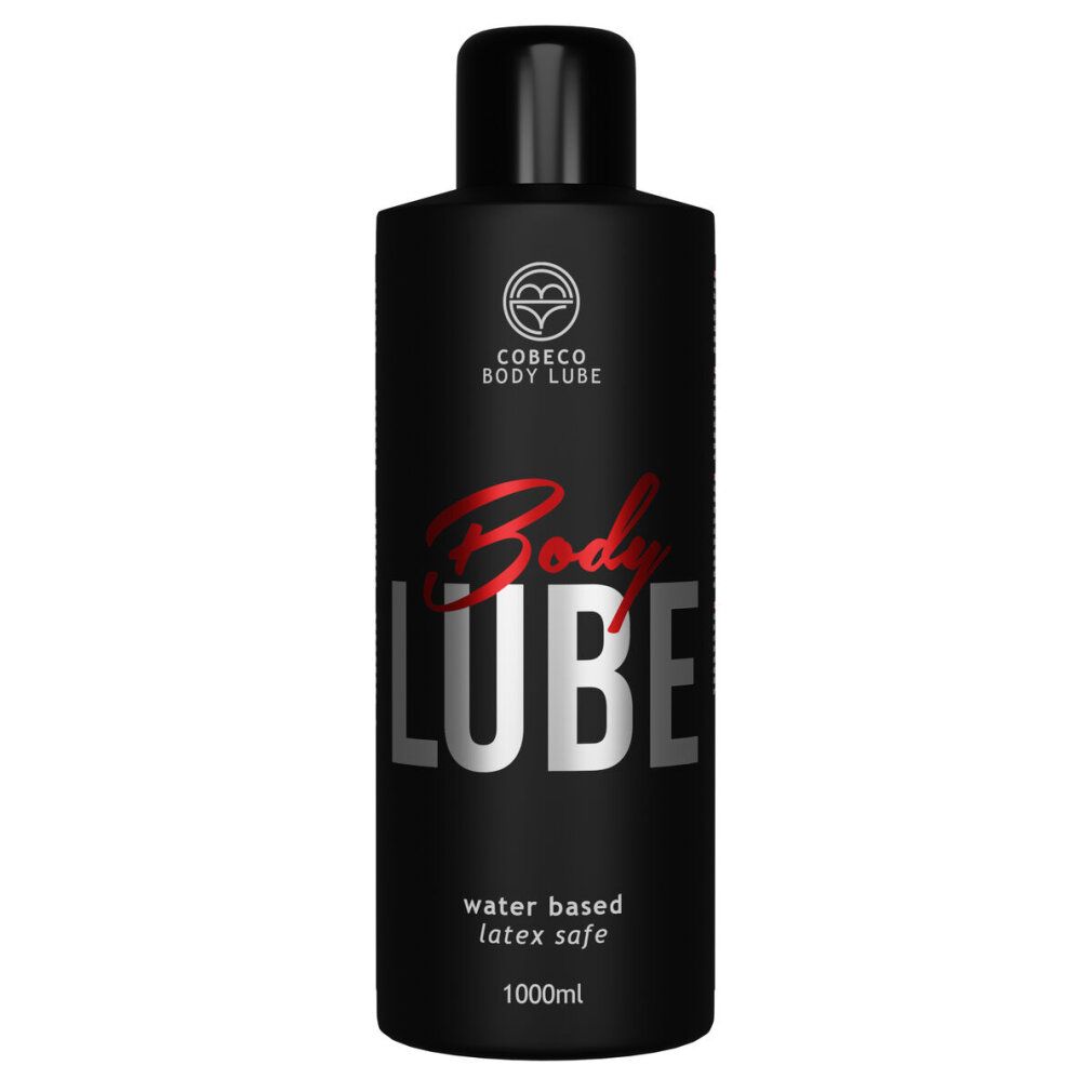 Flacone nero con tappo nero. Scritta: Body Lube, a base d'acqua, senza lattice, 1000 ml. Logo: Cobeco Bodylube.