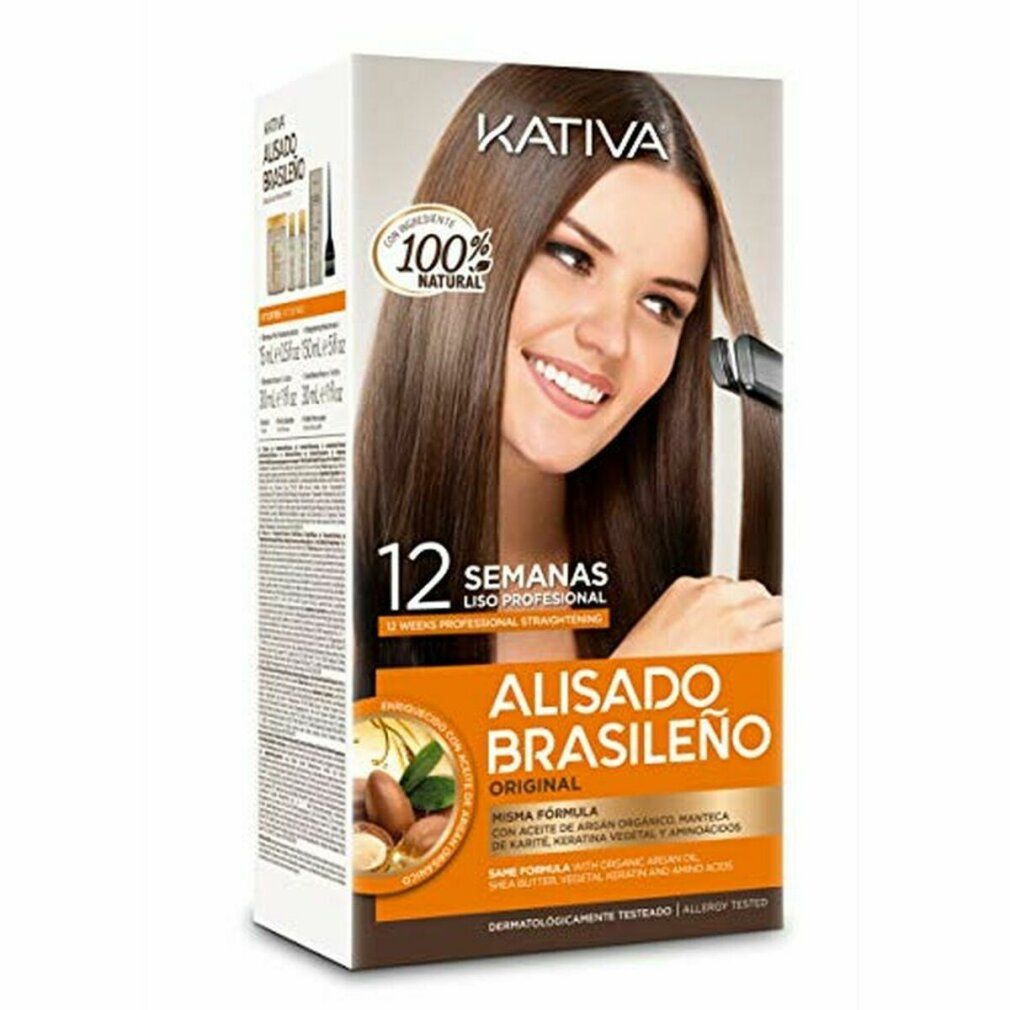 Kativa Alisado Brasileno. Scatola con donna e capelli lisci. Testo: 12 settimane, 100% Natural, Alisado Brasileno.