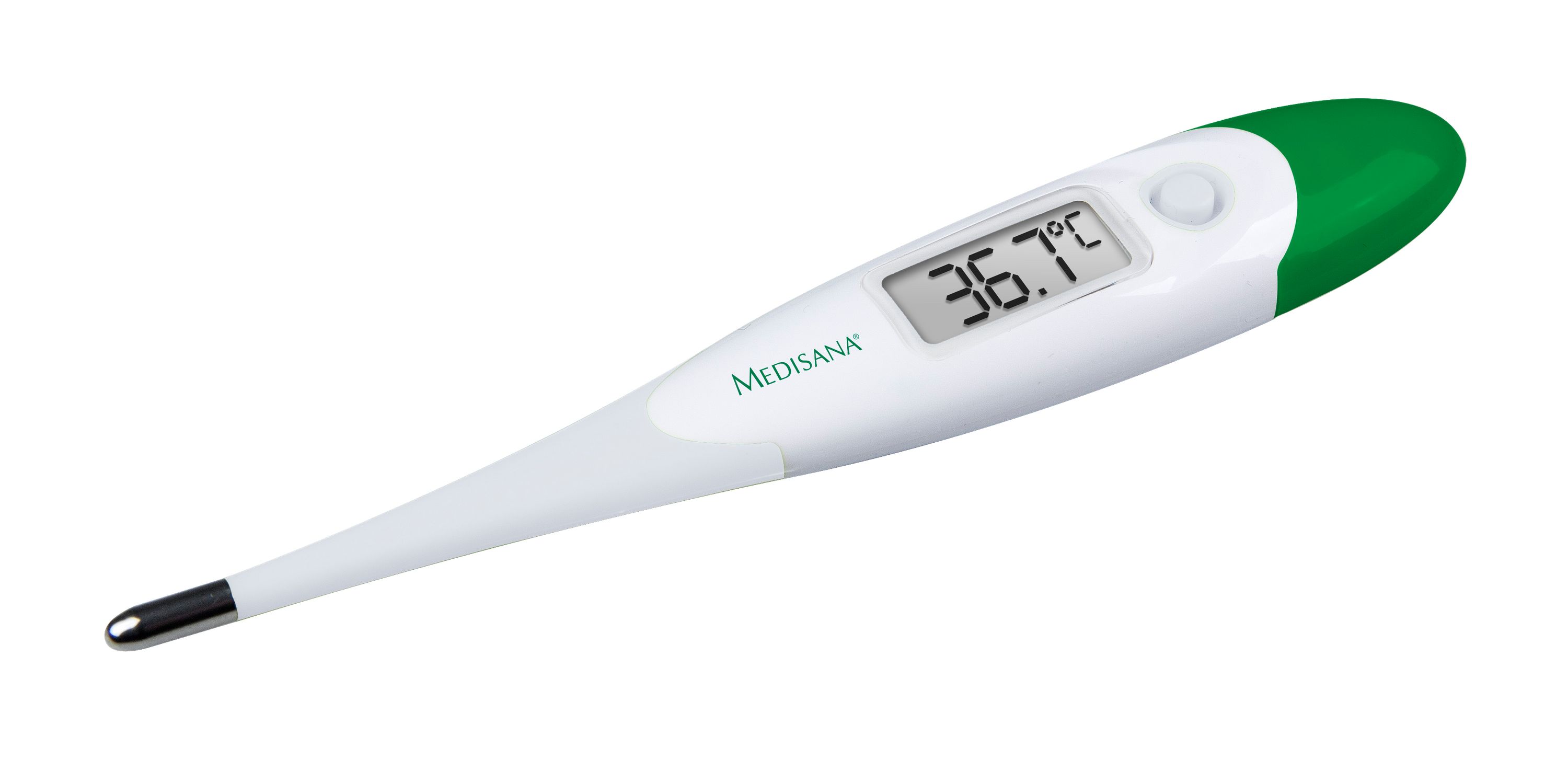 Termometro digitale con impugnatura verde e display con temperatura 36,7°C. Marca: Medisana.