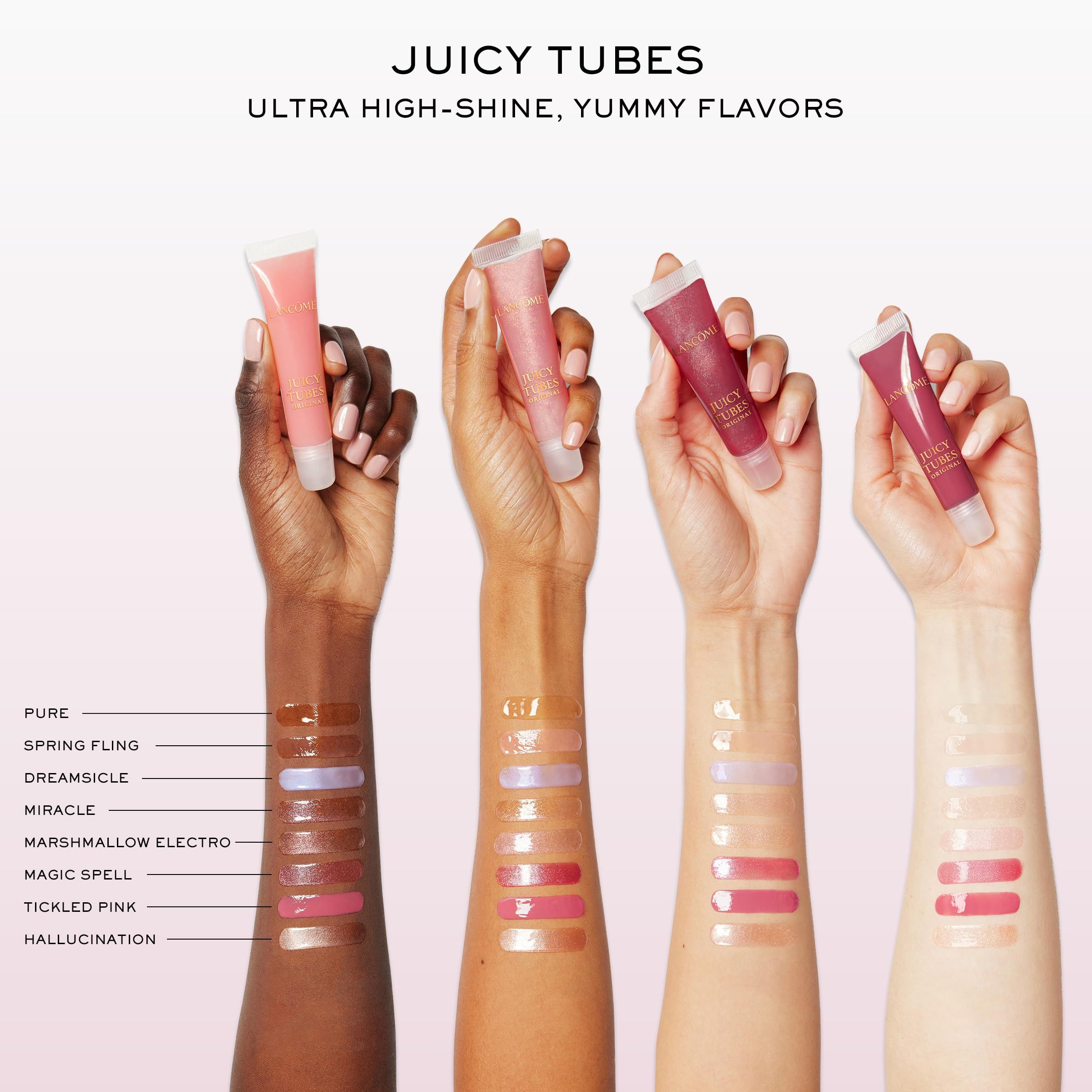 Diverse mani tengono tubetti. Testo: JUICY TUBES, ULTRA HIGH-SHINE, YUMMY FLAVORS. Nomi dei prodotti sotto.