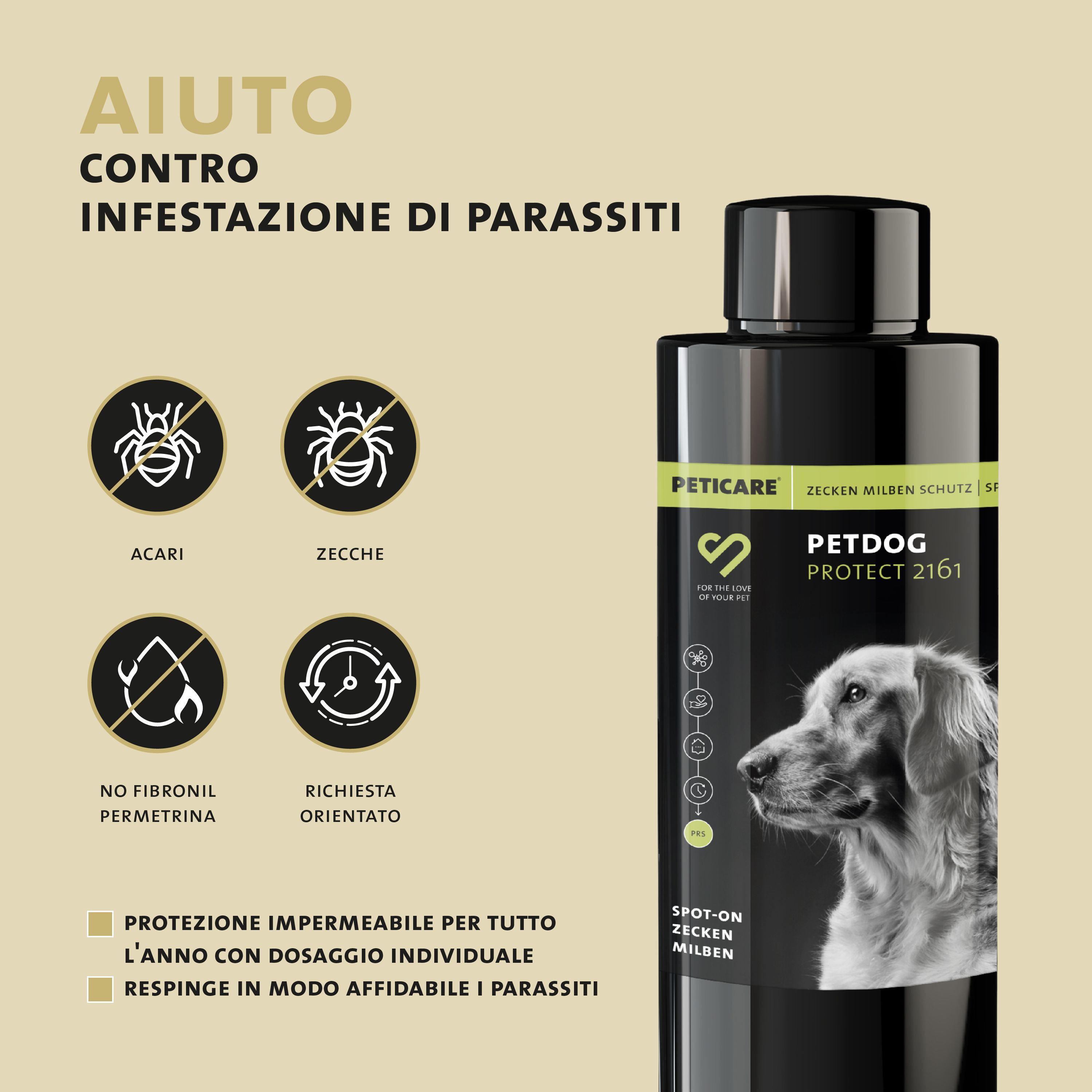 Flacone con etichetta del prodotto. Testo: Peticare, PETDOG PROTECT 2161. Aiuta contro l'infestazione parassitaria. Protegge da zecche e acari.