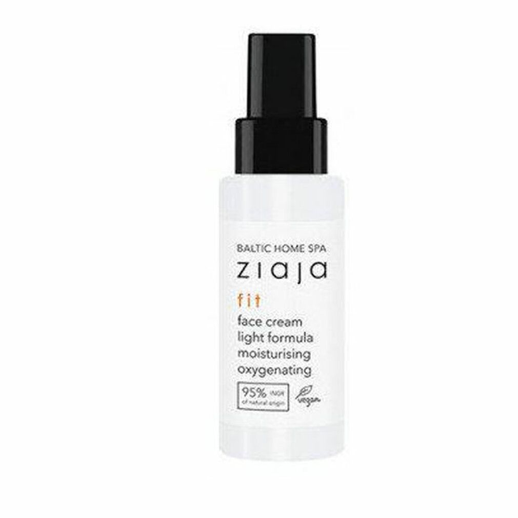 Flacone bianco Ziaja Baltic Home Spa Fit. Tappo nero. Scritte: fit, face cream, light formula, moisturising, oxygenating. 95% ingredienti naturali.