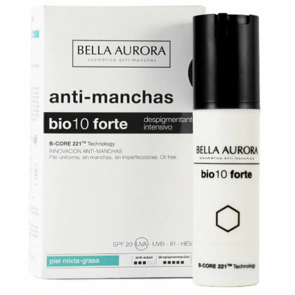 BIO10 forte, crema antimacchie e confezione. Flacone bianco con tappo nero. Testo: anti-manchas, bio10 forte, SPF 20.